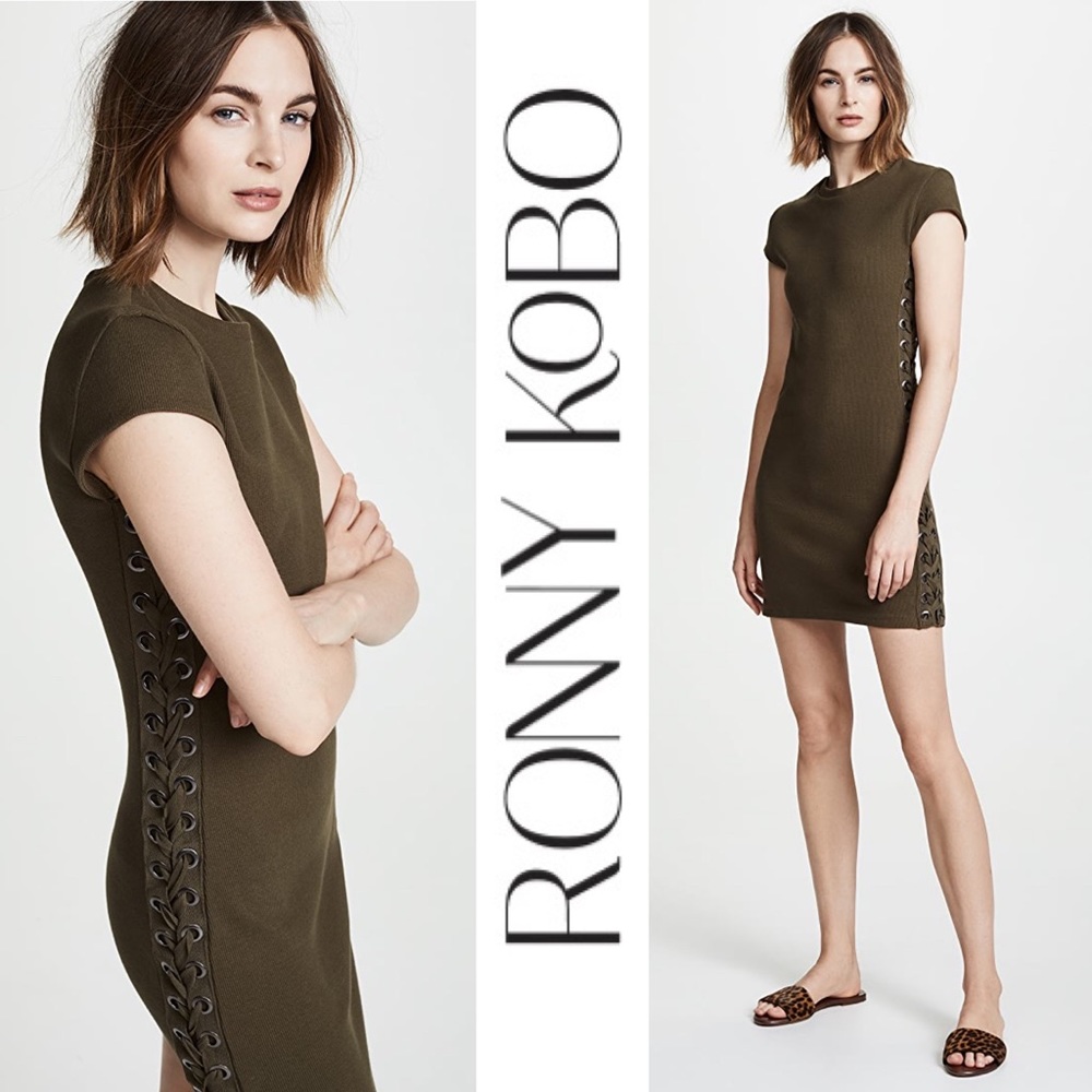 RARE Ronny Kobo Nilly Military Army Dress Green Rib Knit Lace Up